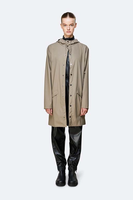 rains-long-jacket-taupe (4) Rains Long Jacket in taupe worn by model