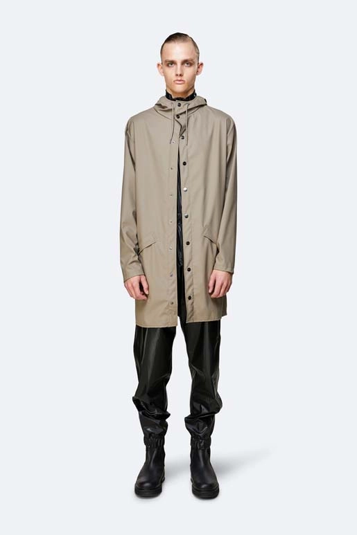 rains-long-jacket-taupe (5) Rains Long Jacket in taupe worn by model