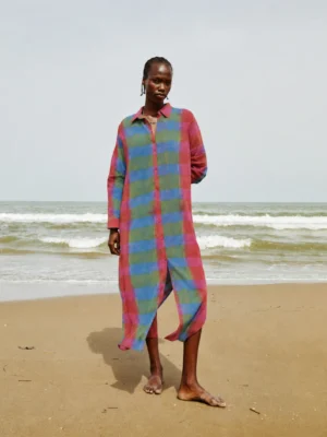 Babbaki Patmos Dress Spice Sky Copia worn by model
