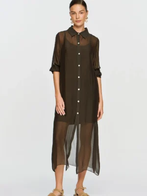 Efimeron Aphrodite Long Shirt Brown worn by model