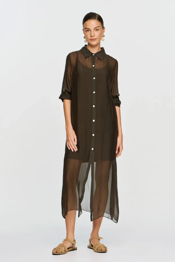 efimeron-aphrodite-long-dress-brown (5) Efimeron Aphrodite Long Shirt Brown worn by model