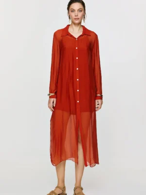 Efimeron Aphrodite Long Shirt Burnt Orange worn by model