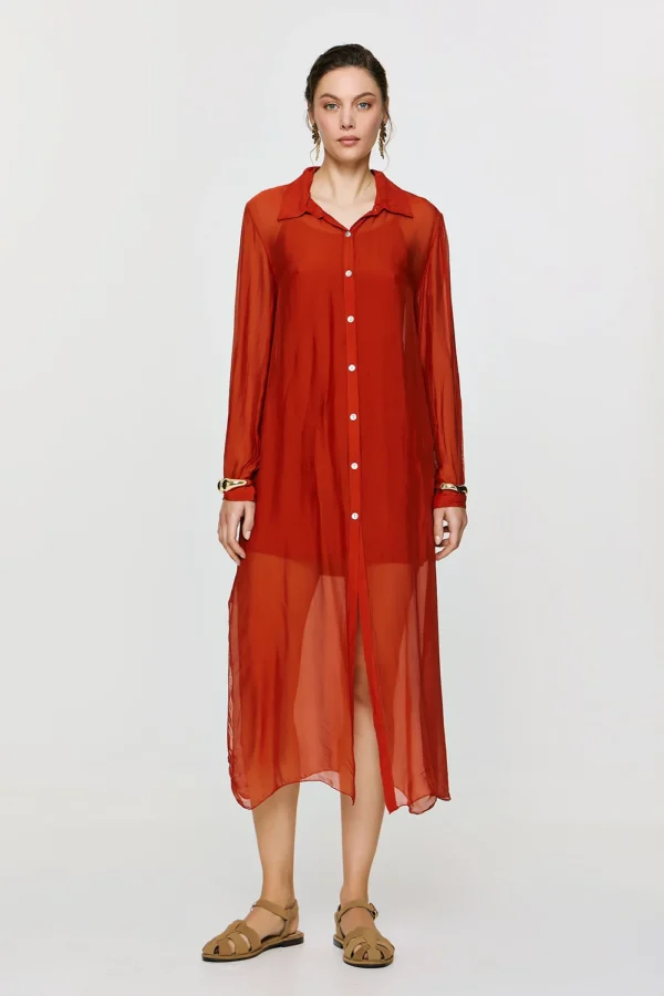efimeron-aphrodite-long-dress-burnt-orange (1) Efimeron Aphrodite Long Shirt Burnt Orange worn by model