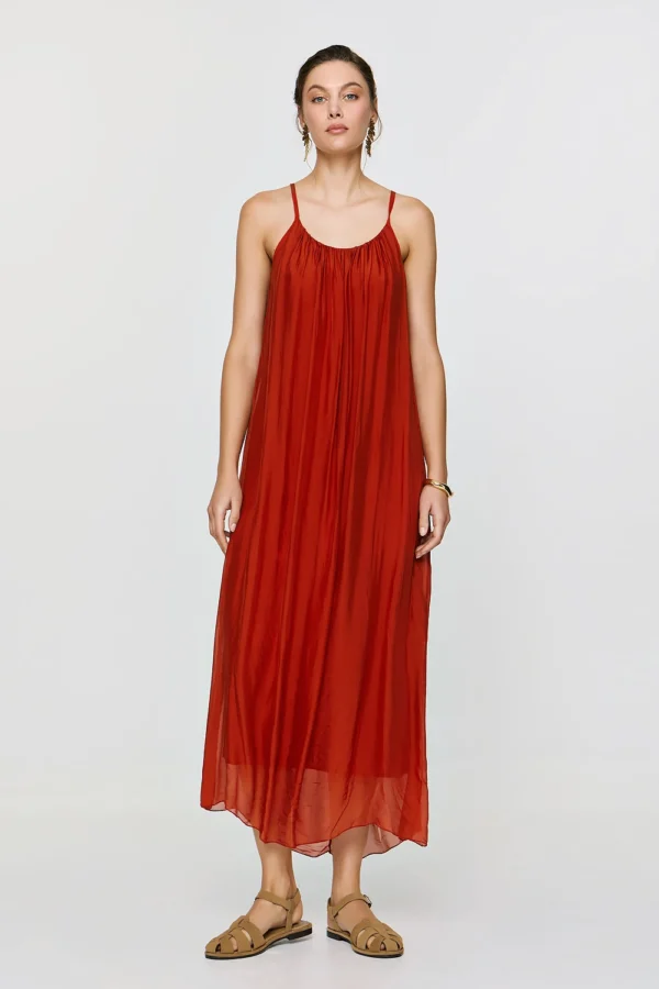 efimeron-dione-dress-burnt-orange (1) Efimeron Dione Dress Burnt Orange worn by model