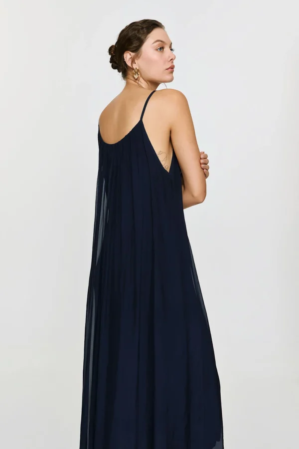 efimeron-dione-dress-navy Efimeron Dione Dress Navy worn by model