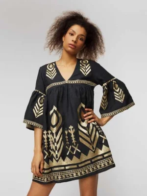 Greek Archaic Kori Embroidered Boho Mini Dress worn by a model Charcoal/Gold