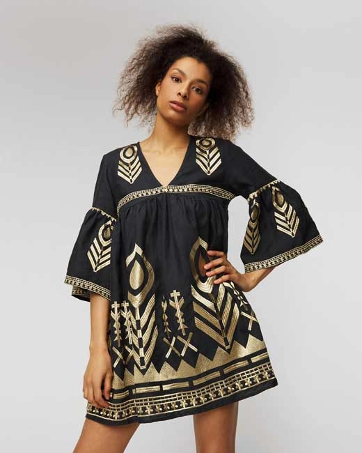greek-archaic-kori-embroidered-boho-mini-dress-charcoal-gold (2) Greek Archaic Kori Embroidered Boho Mini Dress worn by a model Charcoal/Gold