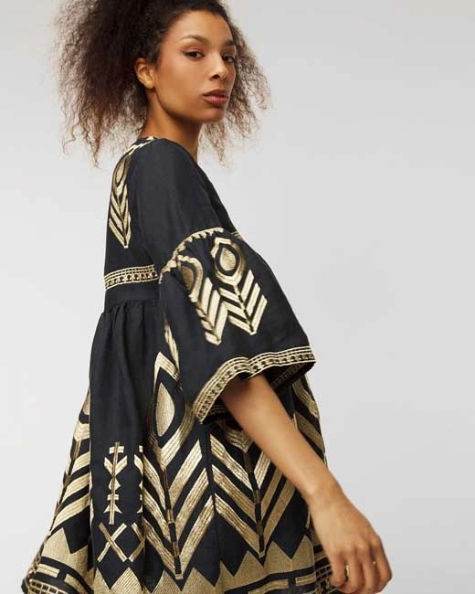greek-archaic-kori-embroidered-boho-mini-dress-charcoal-gold (3) Greek Archaic Kori Embroidered Boho Mini Dress worn by a model Charcoal/Gold