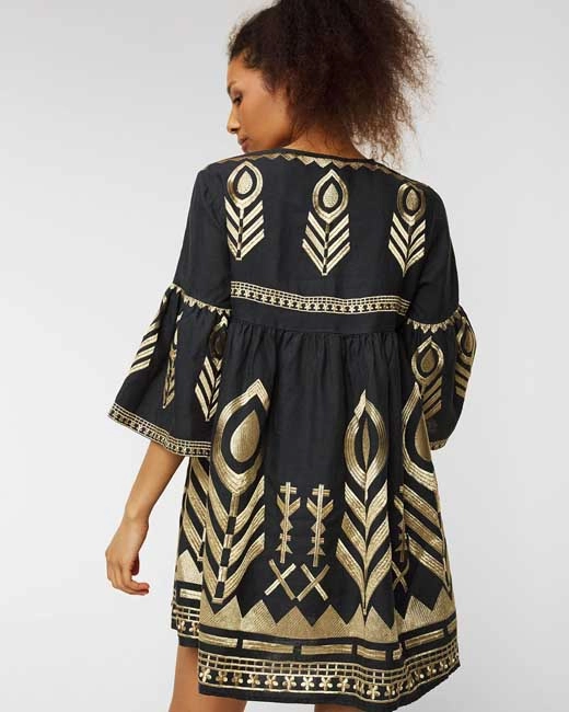 greek-archaic-kori-embroidered-boho-mini-dress-charcoal-gold (4) Greek Archaic Kori Embroidered Boho Mini Dress worn by a model Charcoal/Gold