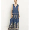 greek-archaic-kori-embroidered-linen-dress-indigo-gold Greek Archaic Kori Embroidered Linen Maxi Dress - Indigo/Gold warn by model