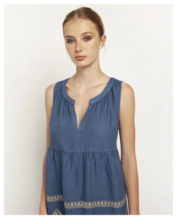 greek-archaic-kori-embroidered-linen-dress-indigo-gold (2) Greek Archaic Kori Embroidered Linen Maxi Dress - Indigo/Gold warn by model
