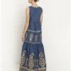 greek-archaic-kori-embroidered-linen-dress-indigo-gold (3) Greek Archaic Kori Embroidered Linen Maxi Dress - Indigo/Gold warn by model