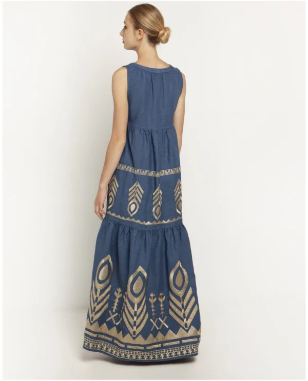 greek-archaic-kori-embroidered-linen-dress-indigo-gold (3) Greek Archaic Kori Embroidered Linen Maxi Dress - Indigo/Gold warn by model