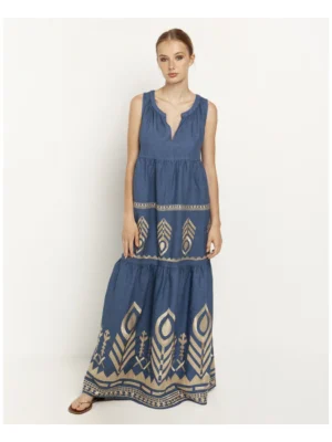 Greek Archaic Kori Embroidered Linen Maxi Dress - Indigo/Gold warn by model