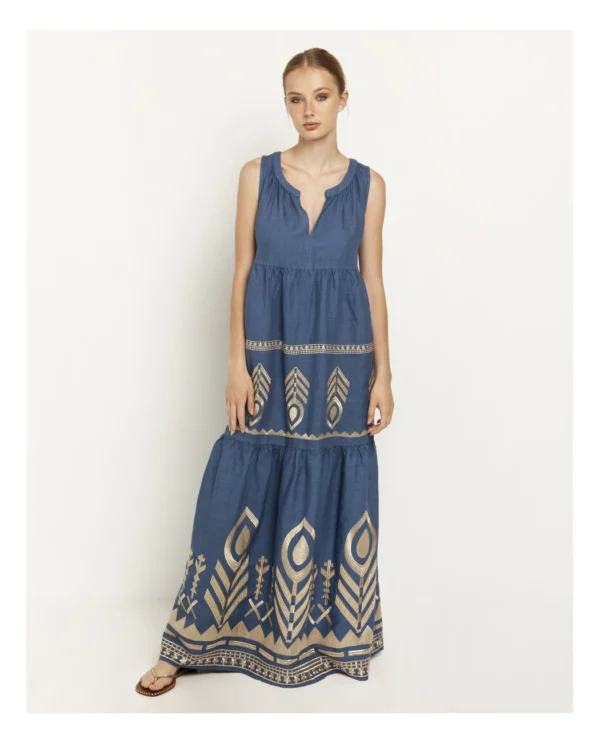 greek-archaic-kori-embroidered-linen-dress-indigo-gold Greek Archaic Kori Embroidered Linen Maxi Dress - Indigo/Gold warn by model