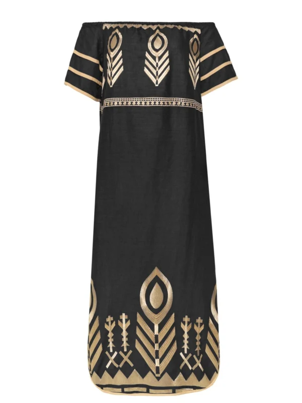greek-archaic-kori-embroidered-linen-maxi-dress-black-gold (1) Greek Archaic Kori Off Shoulder Embroidered Linen Maxi Dress - Black/Gold