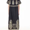 greek-archaic-kori-embroidered-linen-maxi-dress-black-gold (2) Greek Archaic Kori Off Shoulder Embroidered Linen Maxi Dress - Black/Gold warn by model