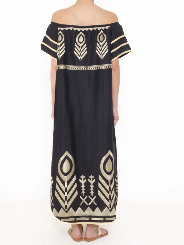 greek-archaic-kori-embroidered-linen-maxi-dress-black-gold (2) Greek Archaic Kori Off Shoulder Embroidered Linen Maxi Dress - Black/Gold warn by model