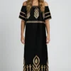 greek-archaic-kori-embroidered-linen-maxi-dress-black-gold (3) Greek Archaic Kori Off Shoulder Embroidered Linen Maxi Dress - Black/Gold warn by model