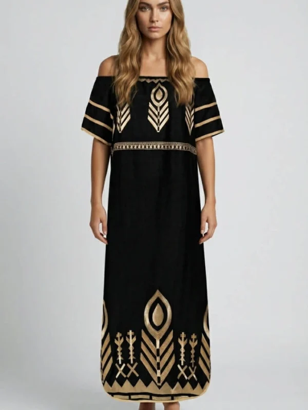 greek-archaic-kori-embroidered-linen-maxi-dress-black-gold (3) Greek Archaic Kori Off Shoulder Embroidered Linen Maxi Dress - Black/Gold warn by model