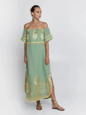 greek-archaic-kori-embroidered-linen-maxi-dress-green-gold (2) Greek Archaic Kori Off Shoulder Embroidered Linen Maxi Dress - Green/Gold warn by model