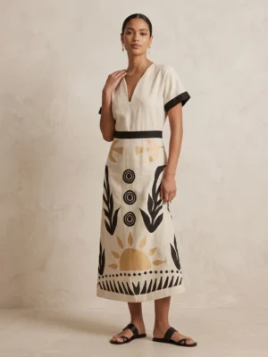 Greek Archaic Kori Embroidered Linen Midi Kaftan Dress worn by model