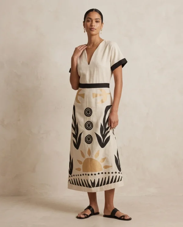 greek-archaic-kori-embroidered-linen-midi-kaftan-dress-white-gold-black (2) Greek Archaic Kori Embroidered Linen Midi Kaftan Dress worn by model