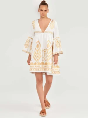 Greek Archaic Kori Embroidered Feather Linen Mini Dress White/Gold warn by model