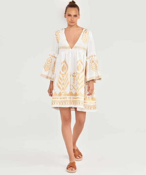 greek-archaic-kori-embroidered-linen-mini-dress-natural-gold (3) (1) Greek Archaic Kori Embroidered Feather Linen Mini Dress White/Gold warn by model