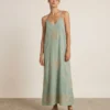 Greek Archaic Kori Lefkada Embroidered Dress Sea Green - Gold warn by model