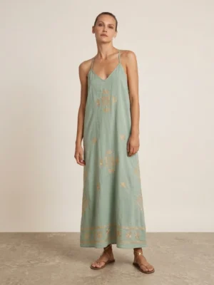 greek-archaic-kori-lefkada-embroidered-dress-sea-gold (2) Greek Archaic Kori Lefkada Embroidered Dress Sea Green - Gold warn by model