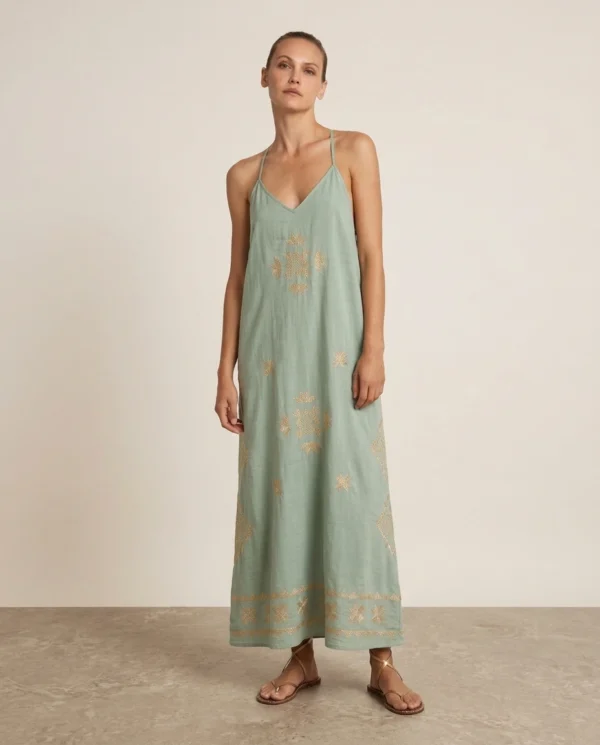 Greek Archaic Kori Lefkada Embroidered Dress Sea Green - Gold warn by model