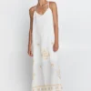 Greek Archaic Kori Lefkada Embroidered Dress White Gold warn by model