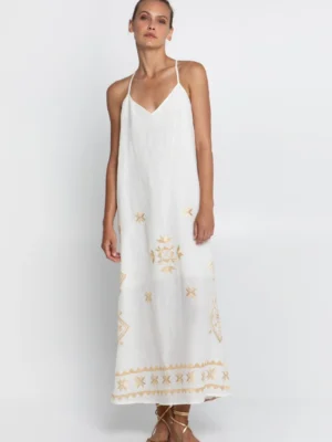 Greek Archaic Kori Lefkada Embroidered Dress White Gold warn by model
