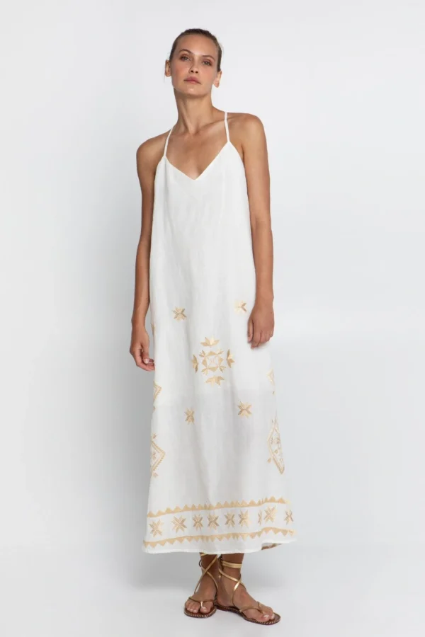 Greek Archaic Kori Lefkada Embroidered Dress White Gold warn by model