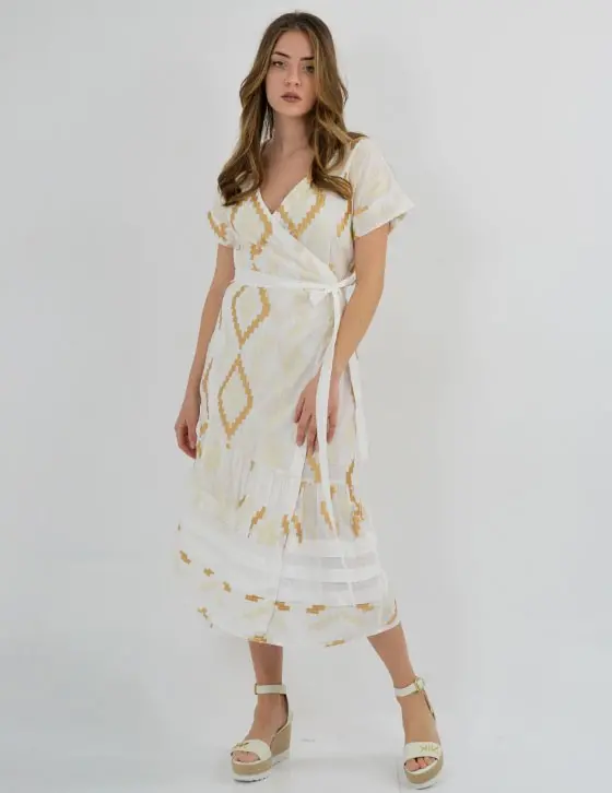 greek-archaic-kori-wrap-midi-embroidered-cotton-dress-sand-white-gold (1) Greek Archaic Kori Wrap midi Embroidered Cotton Dress Sand White Gold warn by model