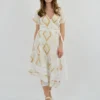 greek-archaic-kori-wrap-midi-embroidered-cotton-dress-sand-white-gold (2) Greek Archaic Kori Wrap midi Embroidered Cotton Dress Sand White Gold warn by model