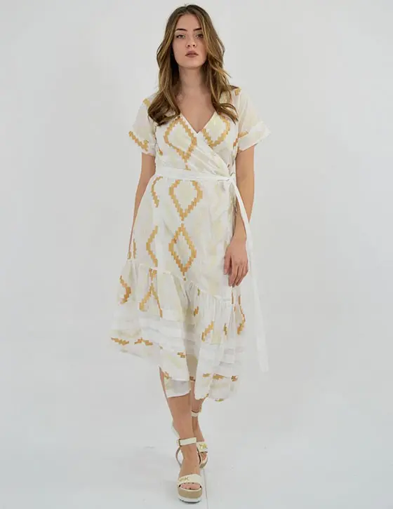 greek-archaic-kori-wrap-midi-embroidered-cotton-dress-sand-white-gold (2) Greek Archaic Kori Wrap midi Embroidered Cotton Dress Sand White Gold warn by model