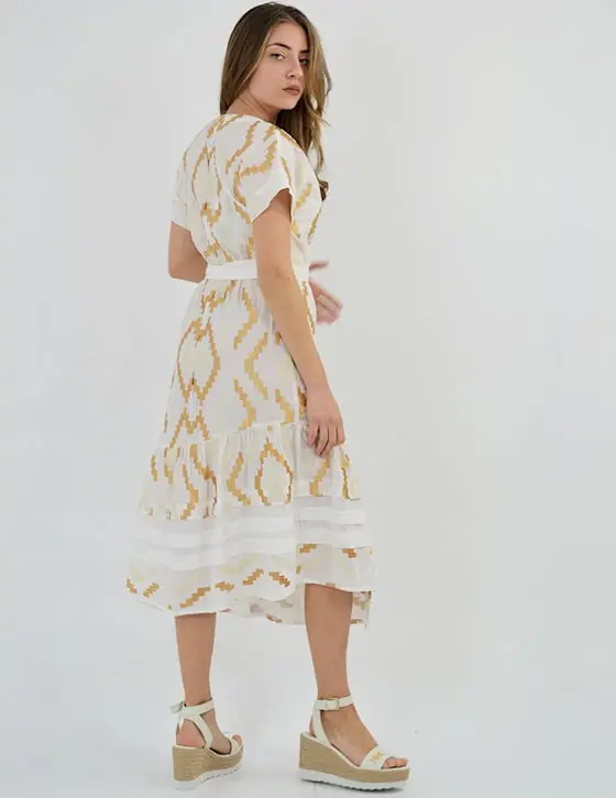 greek-archaic-kori-wrap-midi-embroidered-cotton-dress-sand-white-gold (3) Greek Archaic Kori Wrap midi Embroidered Cotton Dress Sand White Gold warn by model