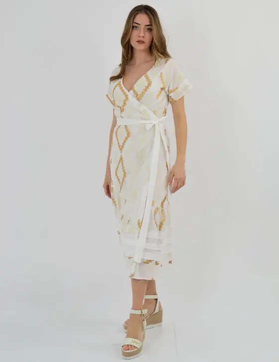 greek-archaic-kori-wrap-midi-embroidered-cotton-dress-sand-white-gold (5) Greek Archaic Kori Wrap midi Embroidered Cotton Dress Sand White Gold warn by model