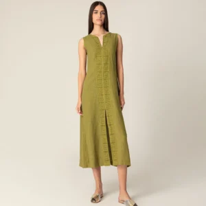 PLS Fashion Linen Long Dress with Meandr Olive worn by model