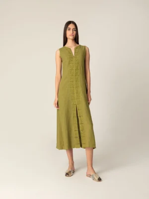 PLS Fashion Linen Long Dress with Meandr Olive worn by model