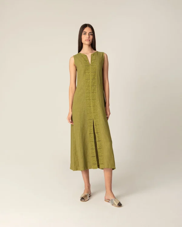 PLS Fashion Linen Long Dress with Meandr Olive worn by model