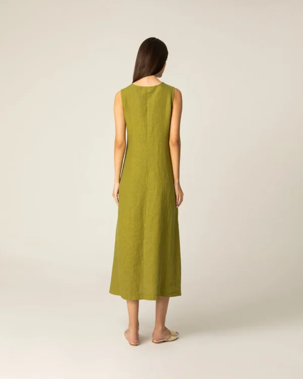 PLS Fashion Linen Long Dress with Meandr Olive worn by model back