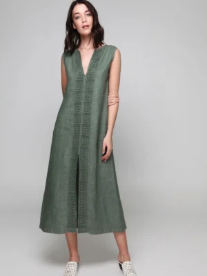 PLS Fashion Linen Long Dress with Meandr Teal worn by model