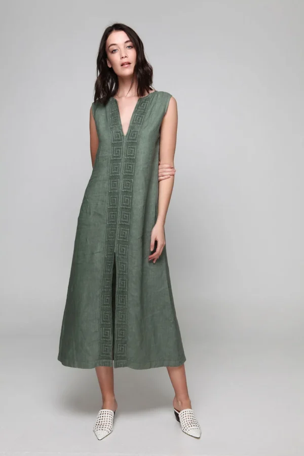 PLS Fashion Linen Long Dress with Meandr Teal worn by model
