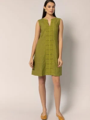 PLS Fashion Linen Short Dress with Meandr Olive worn by model