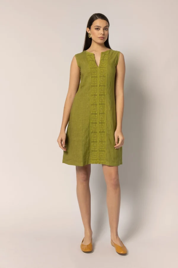 PLS Fashion Linen Short Dress with Meandr Olive worn by model