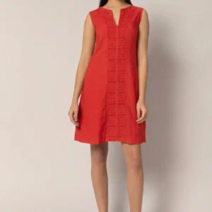 PLS Fashion Linen Short Dress with Meandr Red worn by model