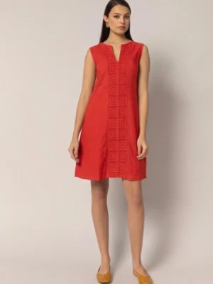 PLS Fashion Linen Short Dress with Meandr Red worn by model